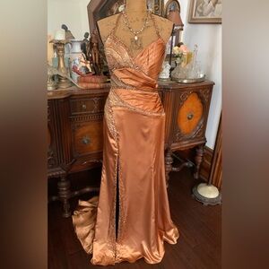 Vintage 30's-inspired Sultry Golden Copper Satin Prom New Year's Eve Gown Dress
